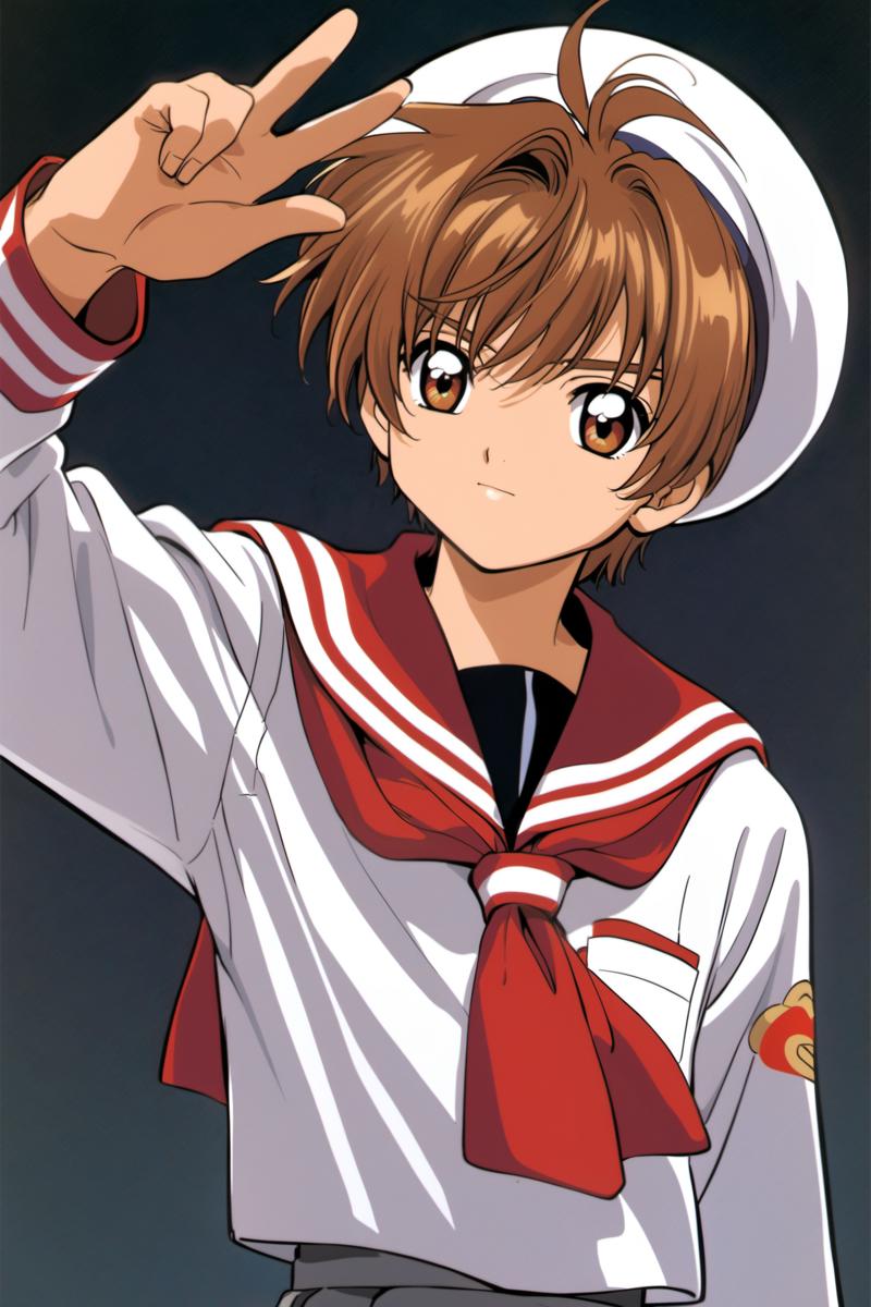 22162-1260836564-1boy, Li Syaoran, solo, brown hair, school uniform, brown eyes, tomoeda elementary school uniform, hat, simple background, white.png